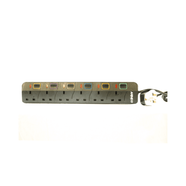 6 Way Extension Socket with Surge Protection, 1.8M Cord, Individual switches for Extra protection.