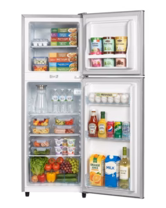 arf-d178g(sl) - refrigerator, 118l, 2door, cool pack, interior lamp, 2 strengthened wire shelves, crystal vegetable crisper, toughened freezer shelves, egg tray, lock and key, external handle, external condenser, silver.