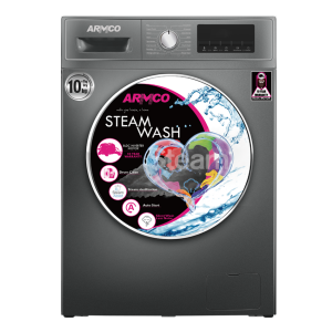 Armco AWM-FLD1060TC-ST(SL) dark gray front-loading washer dryer with circular door, program selector and digital display.