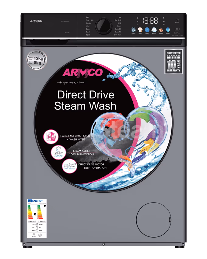 AWM-FLD1280JP-ST – 12KG Washer + 8KG Dryer Front Load Washing Machine, 10 YEAR WARRANTY Direct Drive Inverter, Steam Assist, 1400 RPM