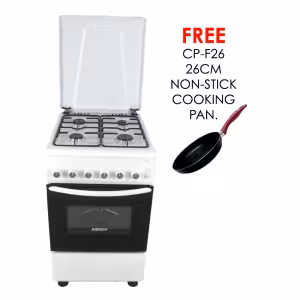 gc-f5640px(ww) - 4gas, 50x50 gas oven+grill, rottiserrie, 1 grid + 1 tray, double glass oven door, metal lid, button ignition for cooktop, white.