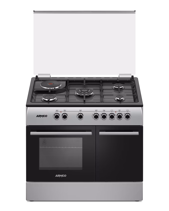 GC-F9641FBT3(SL) 60cm X 90cm, 4Gas(1 Wok Sabaf Burner + 1 Small + 2 Medium Sabaf Burners) +1 Electric(1×145 + 1×180) Rapid Hot Plate, Electric Oven, EU Standard Flame Failure Device, One Touch Auto Ignition, Wide enamelled Matt Colour Pan Support.