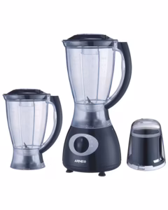 armco blender 1.5L, 3 In 1, 4 speed with Pulse, Blender, 2 X Plastic Jar + Mill, Safety Protection, Overheat protection, Poweful copper motor, precision blending stainless steel blades , 350w. Black and Silver