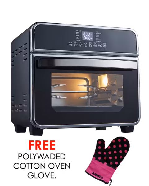 aec-15air - 15l oil free air fryer with digital touch panel, full convection electric oven with 6 functions,full chicken rotisserie, 1600w, black & stainless steel housing.