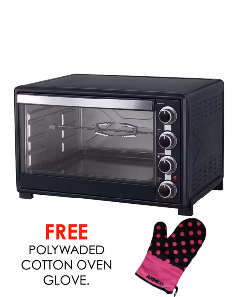 aec-6010r(sb) - 60l full convection electric oven, 1600w, 60 min timer with alarm, variable temperature control 100-250°c, full chicken rotisserie, wire rack, bake tray, with accompanying handles, black and stainless steel housing.