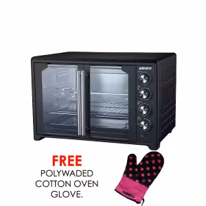 aec-7510fr(sb) - 75l full convection electric oven, french door 2800w, 60 min timer with alarm, variable temperature control 100-250°c, full chicken rotisserie, wire rack, bake tray, with accompanying handles, black and stainless steel housing.