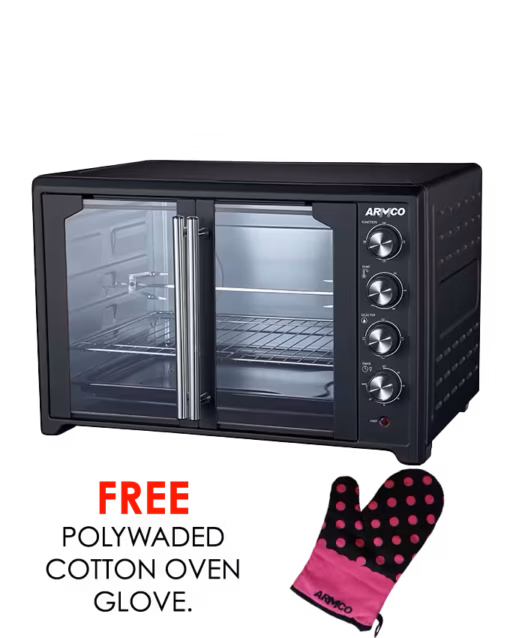aec-7510fr(sb) - 75l full convection electric oven, french door 2800w, 60 min timer with alarm, variable temperature control 100-250°c, full chicken rotisserie, wire rack, bake tray, with accompanying handles, black and stainless steel housing.