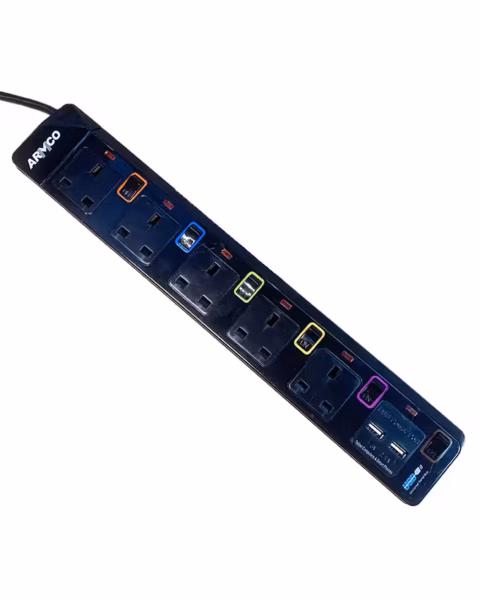 5 Way Extension Socket with Surge Protection and Twin USB, 1.8M Cord, Individual switches for Extra Protection.