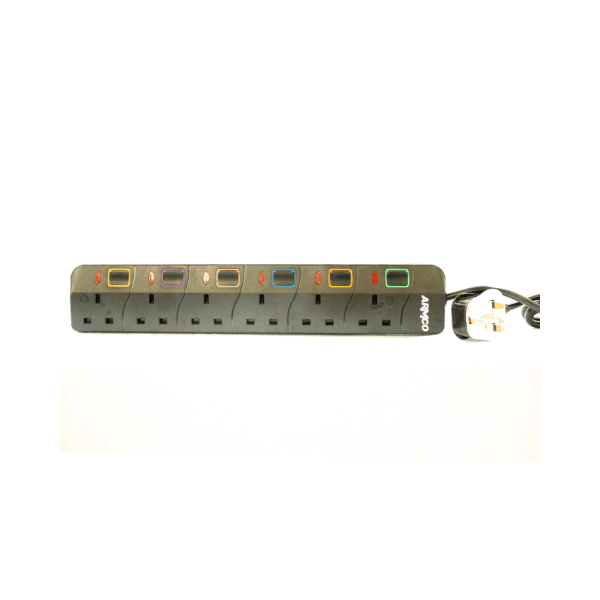 6 Way Extension Socket with Surge Protection, 1.8M Cord, Individual switches for Extra protection.