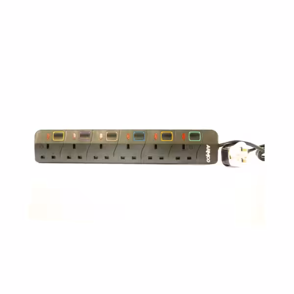 6 Way Extension Socket with Surge Protection, 1.8M Cord, Individual switches for Extra protection.