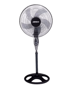 AFS-16AX - 16" Solid PP Base Stand Fan, 3 Speed, Full copper motor, Motor Over temperature safety protection, Low noise design, 5 Spoke blade design for greater throw., Black and Silver, 50W.