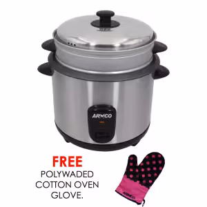 arc-280ts - 2 in 1 rice cooker and steamer with non-stick inner coating, 2.8l rice capacity (5l water capacity), automatic keep warm function, removable steel valve for easy cleaning, stainless steel body and lid, rice spoon & measuring cup.