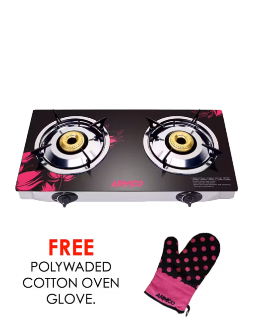 gc-7260gx - 2 burner tabletop gas cooker, tempered glass top, auto ignition, 2m pipe, black.