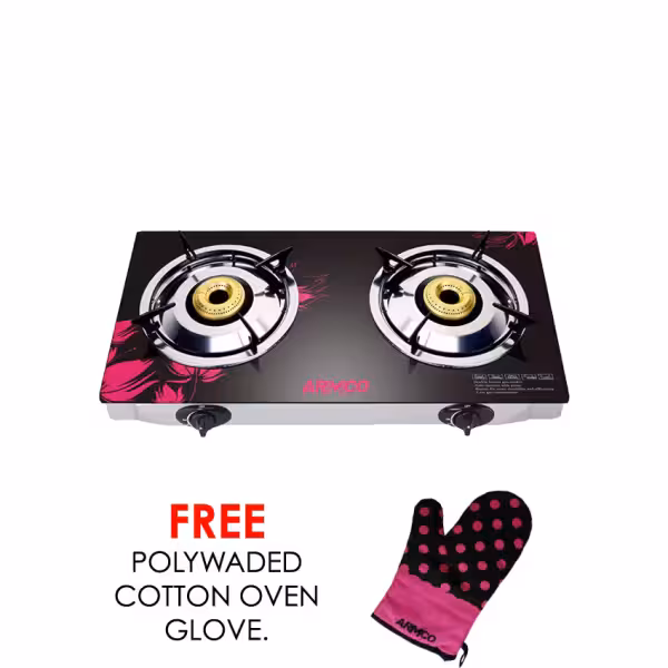 gc-7260gx - 2 burner tabletop gas cooker, tempered glass top, auto ignition, 2m pipe, black.