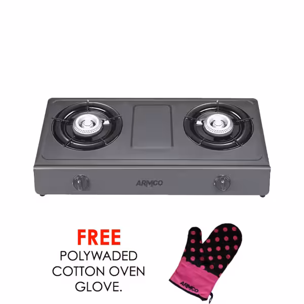 GC-8265P3 - Tabletop gas cooker, 2 Burner, BLACK Non Stick Painted, Auto ignition, 90 x 120 Honey Comb Burner. Free 2M pipe.