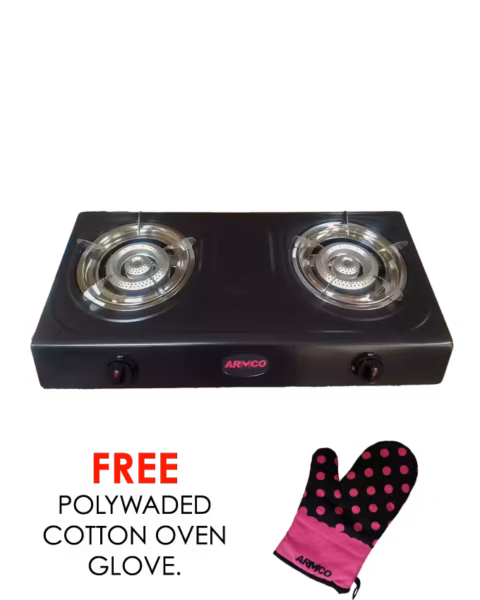 gc-8280p3 - 2 burner tabletop gas cooker, golden iron cap, enamel pan support, free 2m pipe.