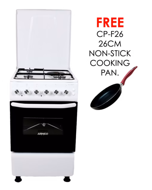 gc-f5531fx(w) - 3gas + 1 electric (rapid), static electric oven/grill 50x50, button ignition, thermostat, lamp, metal lid, rotisserie, mechanical timer, double glass oven door, 1 grid, 1 tray, adjustable feet, white.