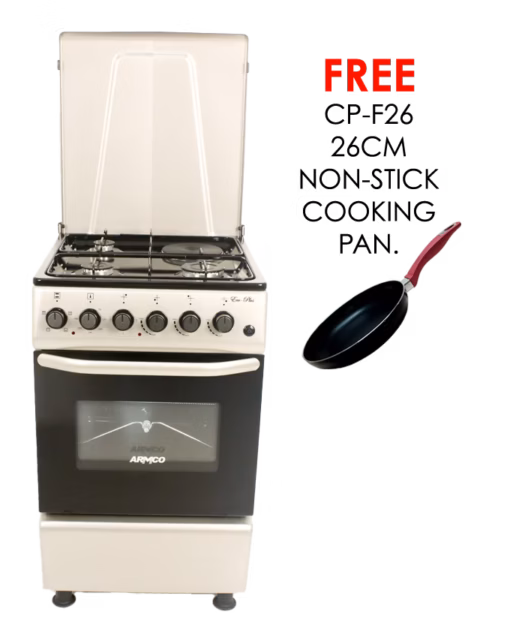 gc-f5531px(sl) - 3gas + 1electric, static electric oven/grill 50x50, thermostat, lamp, metal lid, rotisserrie, double glass oven door, button ignition, 1 grid, 1 tray, adjustable feet, silver.