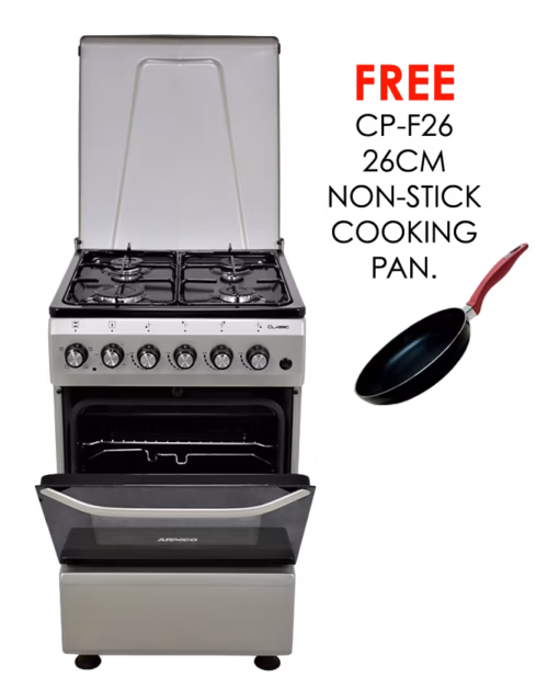 gc-f5640mx(sl) - 4gas, 50x50 electric oven+grill, button ignition , oven lamp, rotiserrie, mechanical timer, metal lid, double glass oven door, 1 grid, 1 tray, adjustable feet, silver.