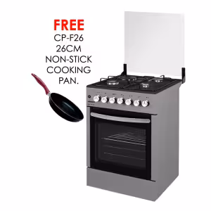 gc-f5831px(sl) - 3gas+1electric, 58x58 oven+grill, button iginition, thermostat, lamp, glass lid, mechanical timer, double glass oven door, 1 grid, 1 tray, 1 round tray, adjustable feet, silver.