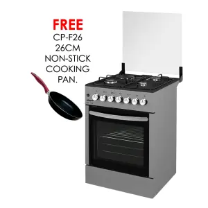 gc-f5831px(sl) - 3gas+1electric, 58x58 oven+grill, button iginition, thermostat, lamp, glass lid, mechanical timer, double glass oven door, 1 grid, 1 tray, 1 round tray, adjustable feet, silver.