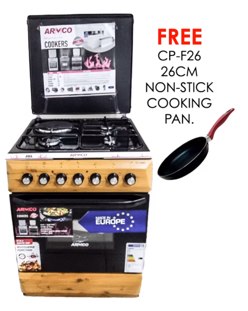 gc-f6631fx(wd) - 3gas+1electric (180mm large plate), 60x60 oven+grill, one touch auto ignition, thermostat, lamp, metal lid, rotisserie, mechanical timer, double glass oven door, grid, 1 tray, adjustable feet, wood finish.