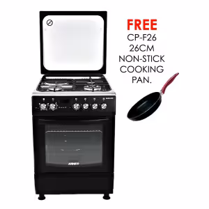 gc-f6631lx3(bk) - 3gas+1electric, 60x60 full convection oven+grill, 1 wok, 1 rapid hp(180mm), one touch auto ignition, flame failure device, thermostat, lamp, glass top lid, rotisserie, digital timer, high aesthetics steel knobs, black.