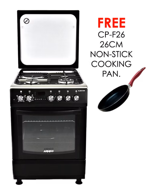 gc-f6631lx3(bk) - 3gas+1electric, 60x60 full convection oven+grill, 1 wok, 1 rapid hp(180mm), one touch auto ignition, flame failure device, thermostat, lamp, glass top lid, rotisserie, digital timer, high aesthetics steel knobs, black.
