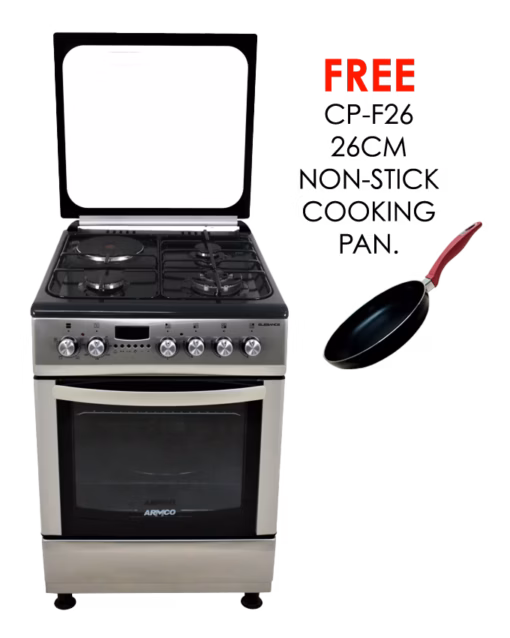 gc-f6631lx3(sl) - 3gas+1electric, 60x60 full convection oven+grill, 1 wok, 1 rapid hp(180mm), one touch auto ignition, flame failure device, thermostat, lamp, glass top lid, rotisserie, digital timer, high aesthetics steel knobs, silver.