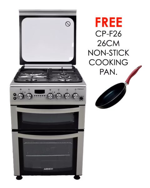 gc-f6631zx2d2(sl) - 3gas+1electric, 60x60 full convection double oven+grill, 1 wok, 1 rapid hp (180mm - 2000w), flame failure device, rotisserie, smart timer, cast iron pan supports with matt enamel burner caps, utensil apparatus for glass lid, silver.