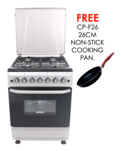gc-f6640fx(sl) - 4gas, 60x60 gas oven+grill, button ignition , oven lamp, rotiserrie, mechanical timer, metal lid, double glass oven door, 1 grid, 1 tray, 1 extra deep tray, adjustable feet, silver.