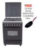 gc-f6640mx(bk) - 4gas, 60x60 electric oven+grill, button ignition , oven lamp, rotiserrie, mechanical timer, metal lid, double glass oven door, 1 grid, 1 tray, 1 extra deep tray, adjustable feet, black with stainless steel top.