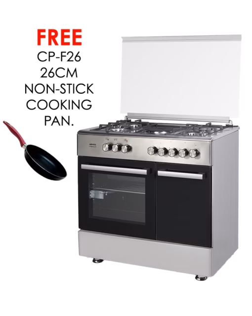 gc-f9641zbt2(ss) - 4 gas, 1 electric, 60x90 gas cooker, full function turbo convection oven, 1 rapid plate, 1 triple wok burner, cast iron pan supports, eu standard flame failure device, rotisserie, mechanical timer, sabaf italian burners.