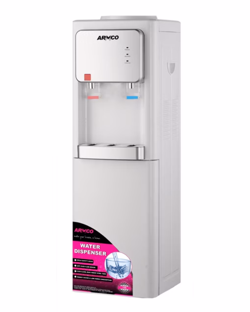 AD-16FHN-LN1(W) - Water Dispenser 2 Tap Hot & 1 Normal, With Cabinet, Dry Burning prevention, Automatic Temp. Control, Superior Quiet Design, Energy Saving with Low power consumption, White with Silver Front Panel, 95 cm Height.