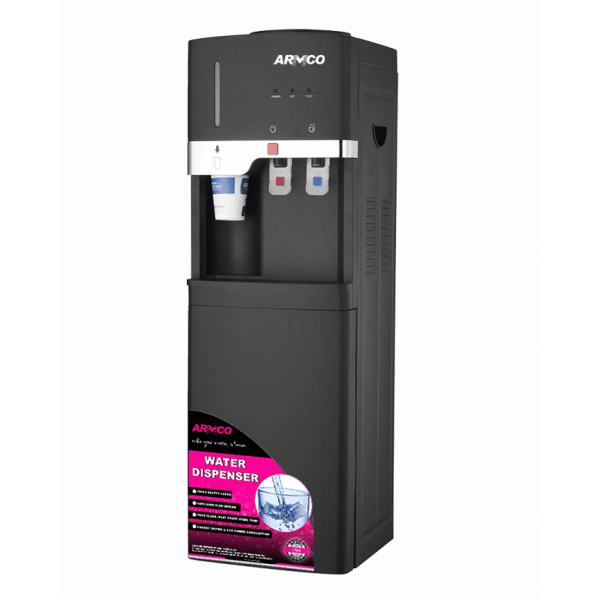 AD-18FHE-LN1(B) - Water Dispenser, Hot & Electric Cooling, with Cup Dispenser, Cabinet, Dry Burning prevention, Automatic Temp. Control, Superior Quiet Design, Energy Saving with Low power consumption, Black with Elegant Silver Trip, 98 cm Height.