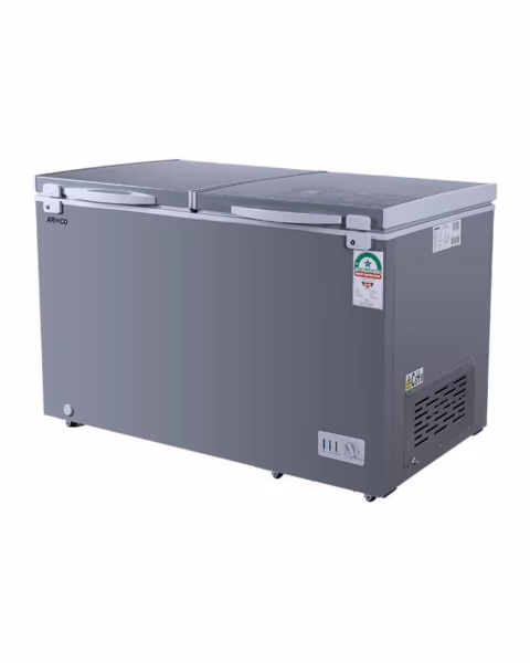 Chest freezer, AF-C38(K) 342L Net (402L Gross), Double Door, Cool Pack, Step-inn Type, Inner Glass door for double Insulation, Super Silent Tropicalised Compressor, Compressor Fan, CFC Free, External Condenser, EPRA Compliant.