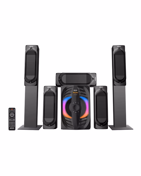 AHT-10325TB - 5.1 Ch, 10.0" Sub Woofer, 2 Tall Boy Speakers, 3 Satellite speakers, 14000W PMPO, USB, SD CARD, FM Radio, High power output 400W ( 250w + 30wx5 r.m.s), Remote Control, Attractive fluorescent with Bluetooth Function.