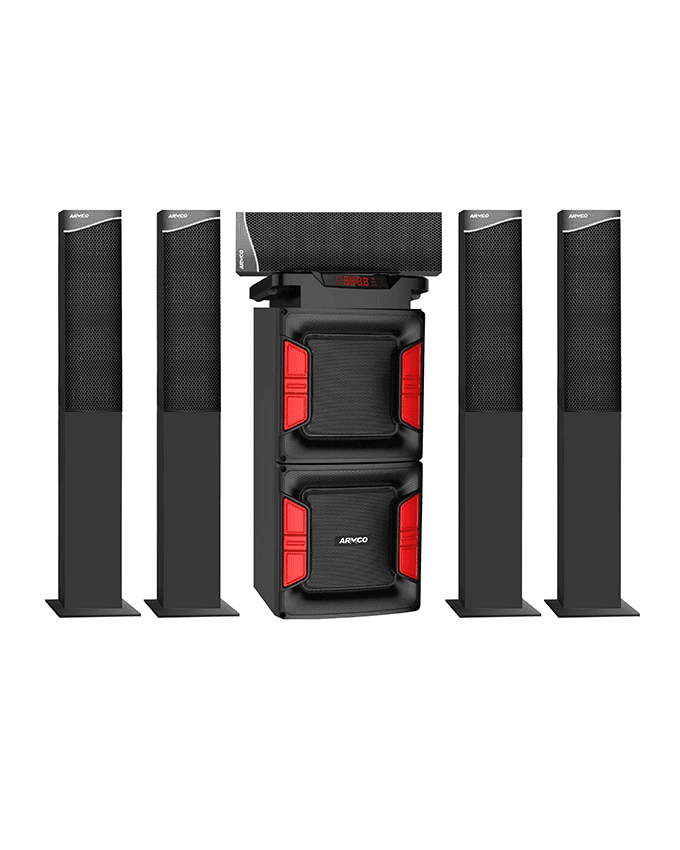 AHT-10375TB - 5.1 Ch, 10.0" Sub Woofer, 4 Tall Boy Speakers, 1 Satellite speakers, 17500W PMPO, USB, SD CARD, FM Radio, High power output 450w ( 300w + 30wx5 r.m.s), Remote Control, Attractive LED with Bluetooth Function.