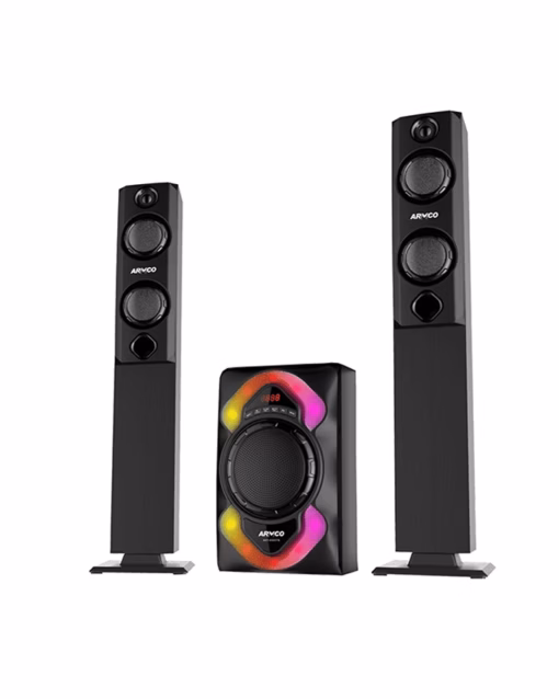 AHT-6565TB - 2.1 Ch. 6.5" Sub Woofer, 2 Tall boy speakers, 4500W PMPO, USB, SD CARD, FM Radio,High power output 126W ( 90w + 18wx2 r.m.s), Remote Control, Attractive fluorescent with Bluetooth Function.
