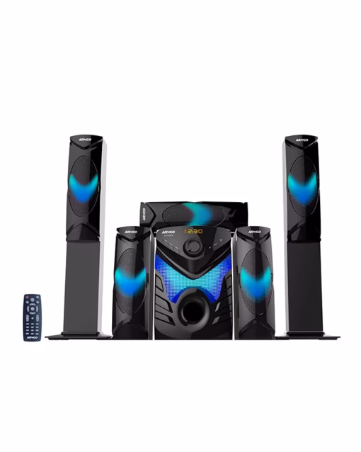 AHT-8245TB - 5.1 Ch. 8.0" Sub Woofer, 2 Tall Boy Speakers, 3 Satellite speakers, 12000W PMPO, USB, SD CARD, FM Radio,High power output 275w ( 150w + 25wx5 r.m.s), Remote Control, Attractive fluorescent with Bluetooth Function.