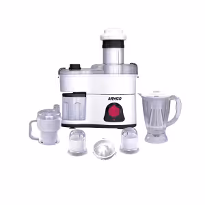 AJB-1000GD-Food Factory: 6-in-1, Juicer, Blender, Grinder, Mincer, Slicer, Shredder, Mill, Filter, 400W, Elegant Silver and White Finish.
