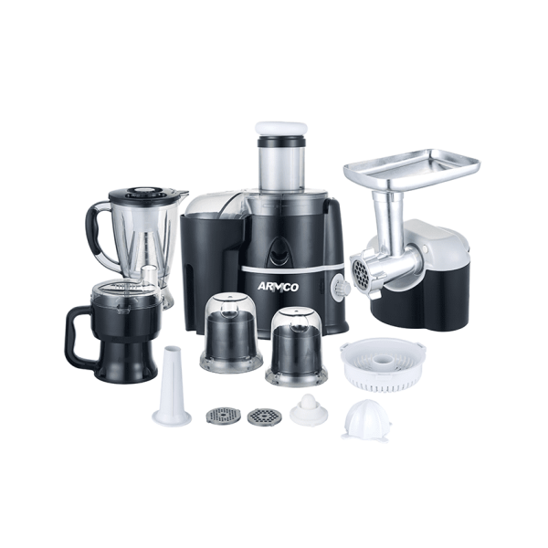 AJB-2000GD-Food Factory: 11-in-1, Juicer, Blender (unbreakable), Grinder, Mincer, Slicer, Shredder, Wet Mill, Filter, Chopper, Citrus Juicer, Egg Whisker, Spatula, 650W, Elegant Silver and Black Finish.