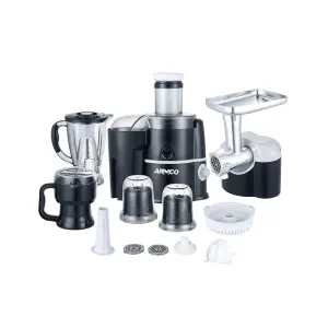AJB-2000GD-Food Factory: 11-in-1, Juicer, Blender (unbreakable), Grinder, Mincer, Slicer, Shredder, Wet&Dry Mill, Filter, Chopper, Citrus Juicer, 500W, Elegant Silver and Black Finish.
