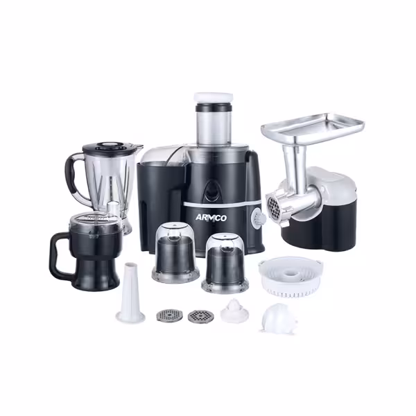 AJB-2000GD-Food Factory: 11-in-1, Juicer, Blender (unbreakable), Grinder, Mincer, Slicer, Shredder, Wet&Dry Mill, Filter, Chopper, Citrus Juicer, 500W, Elegant Silver and Black Finish.