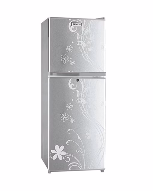 Armco Refrigerator, 128L, 2door, COOLPACK, Interior Lamp, 2 Strengthened Wire Shelves, Crystal Vegetable Crisper, Toughened Freezer shelves, Egg Tray, External handle, External Condensor, Lock and Key, Silver Flower