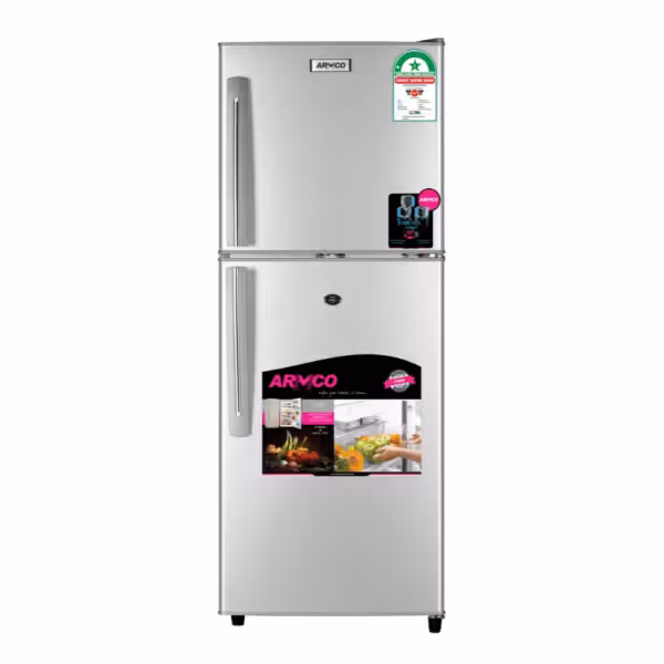 arf-d178g(sl) - refrigerator, 118l, 2door, cool pack, interior lamp, 2 strengthened wire shelves, crystal vegetable crisper, toughened freezer shelves, egg tray, lock and key, external handle, external condenser, silver.