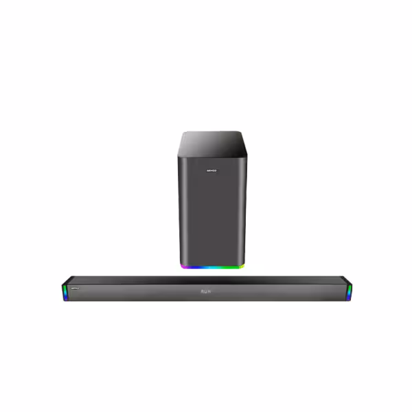 WIRELESS SOUNDBAR with 6.5" sub woofer, 5000w PMPO, USB,FM Radio, USB, AUX, Optical, High power output 105w (r.m.s), Remote Control. New - With Bluetooth function and Pulsating 7 Colours