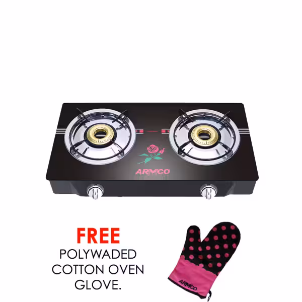 GC-8270GX - 2 Burner Glass Top Tabletop Gas Cooker, FREE 2M Pipe, Black.