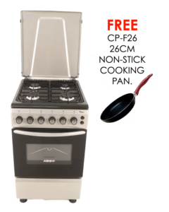 gc-f5640px(sl) - 4gas, 50x50 gas oven+grill, rottiserrie, 1 grid + 1 tray, double glass oven door, metal lid, button ignition for cooktop, silver.