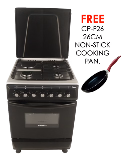 gc-f6631fx(bk) - 3gas+1electric (180mm large plate), 60x60 oven+grill, one touch auto ignition, thermostat, lamp, metal lid, rotisserie, mechanical timer, double glass oven door, grid, 1 tray, adjustable feet, stainless steel cooktop , black.